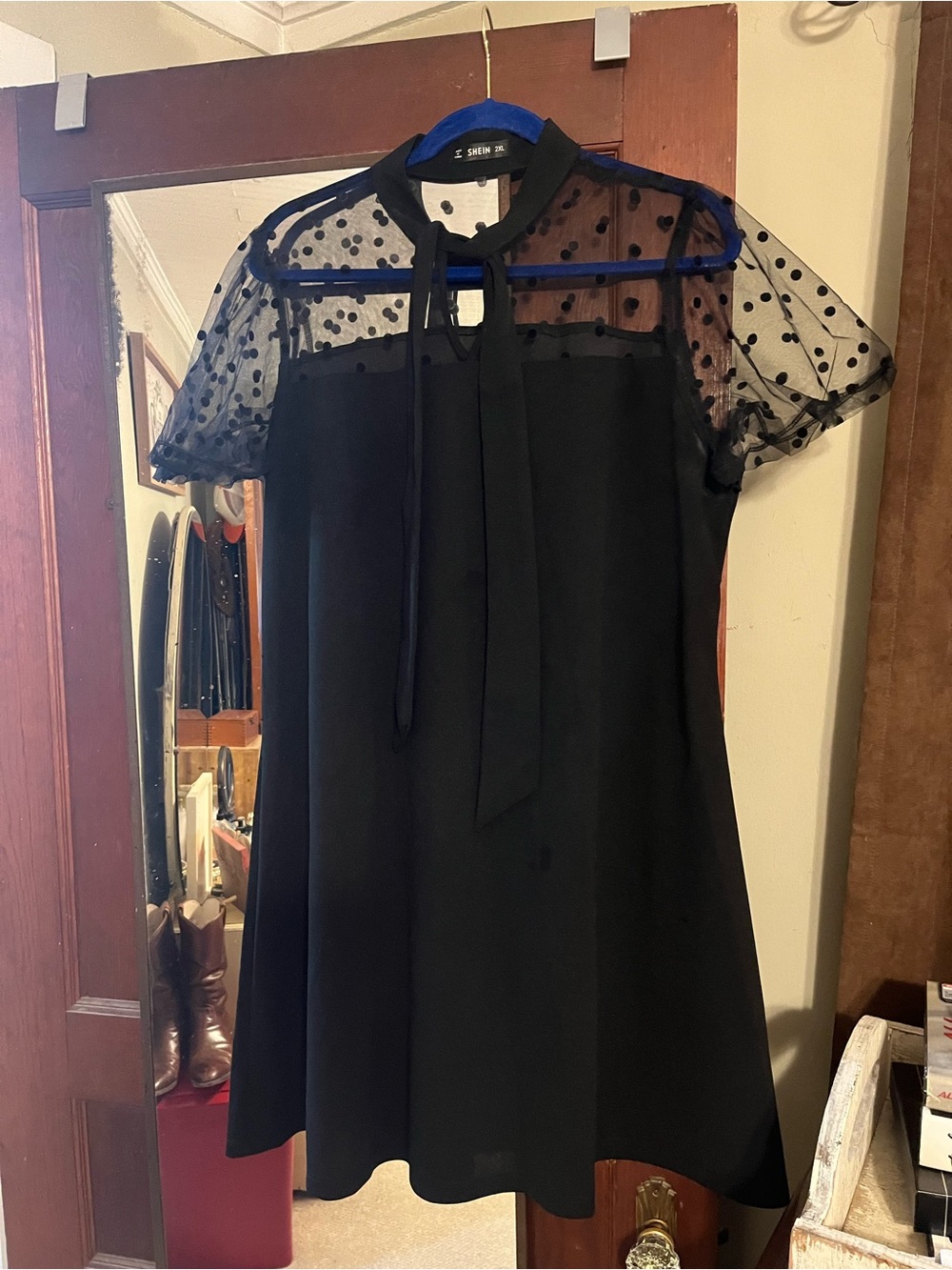 SHEIN Black Mini Dress with Sheer Polka-Dot Yoke & Tie Neck